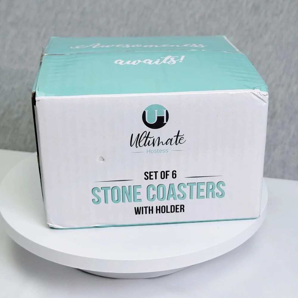 Ultimate Hostess Set of 6 Absorbent Stone Coasters with Holder New in Box